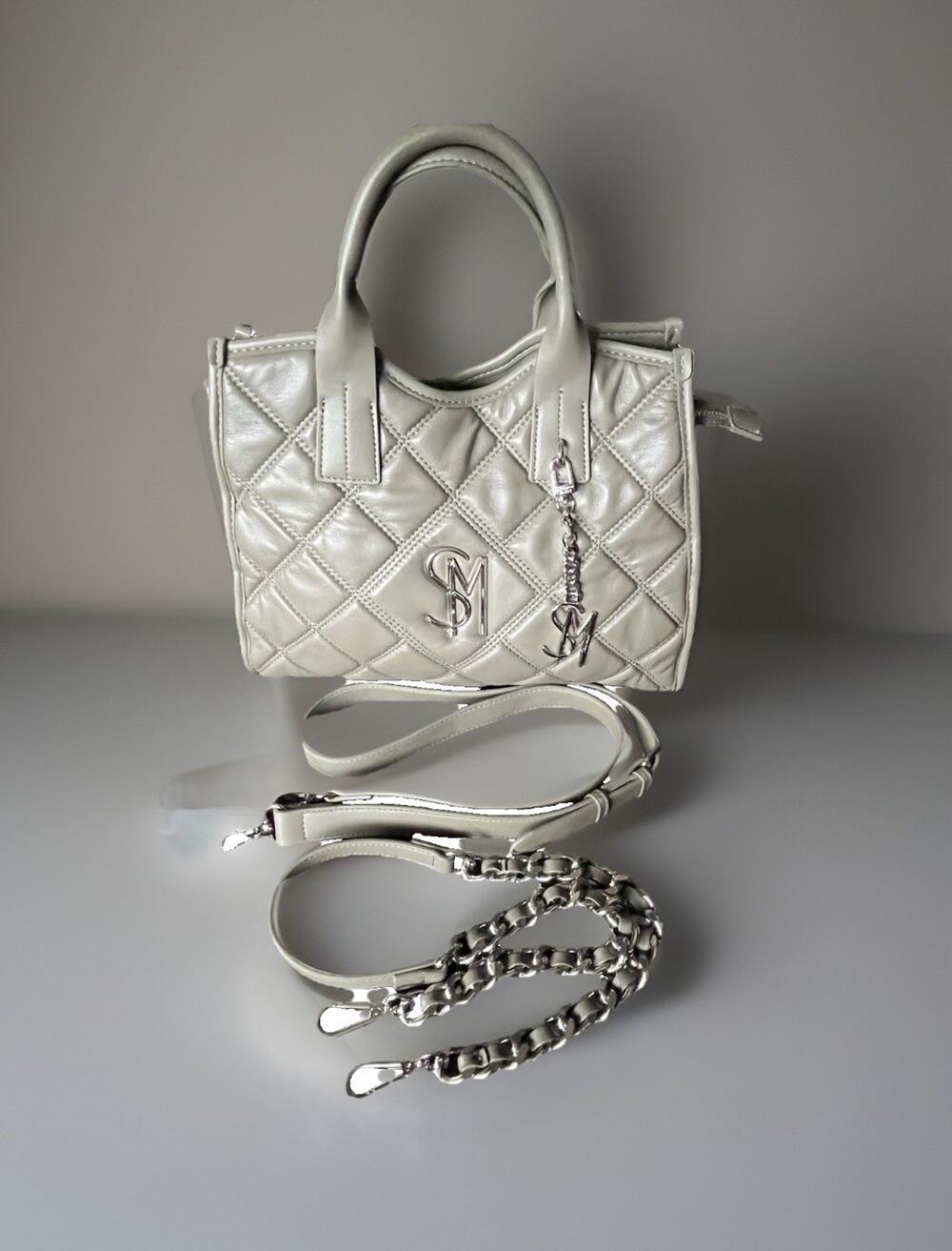 Steve Madden Quilted Satchel Bag Taupe Crossbody Top Handle Purse Chain Strap